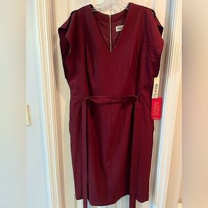 Eliza J Ruffled Short Sleeve V-Neck | Burgundy Wine | Dress & Belt